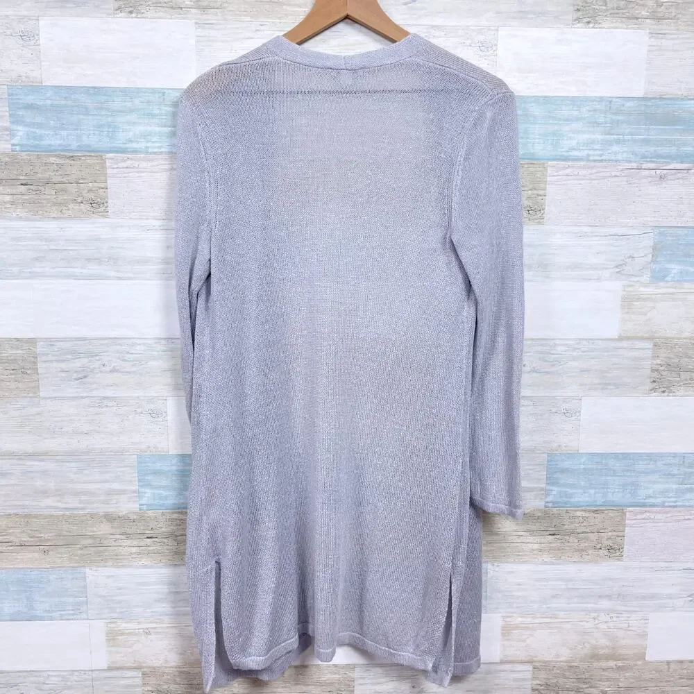 J Jill Linen Open Front Longline Cardigan Gray Pockets Lightweight Womens Small - Picture 4 of 7